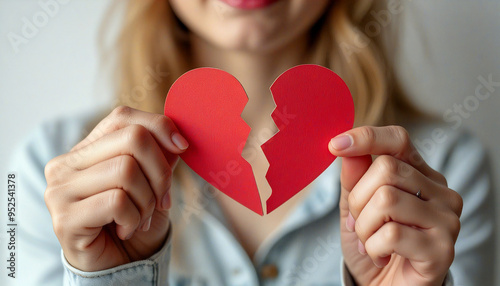Woman holding a red broken heart in her hands