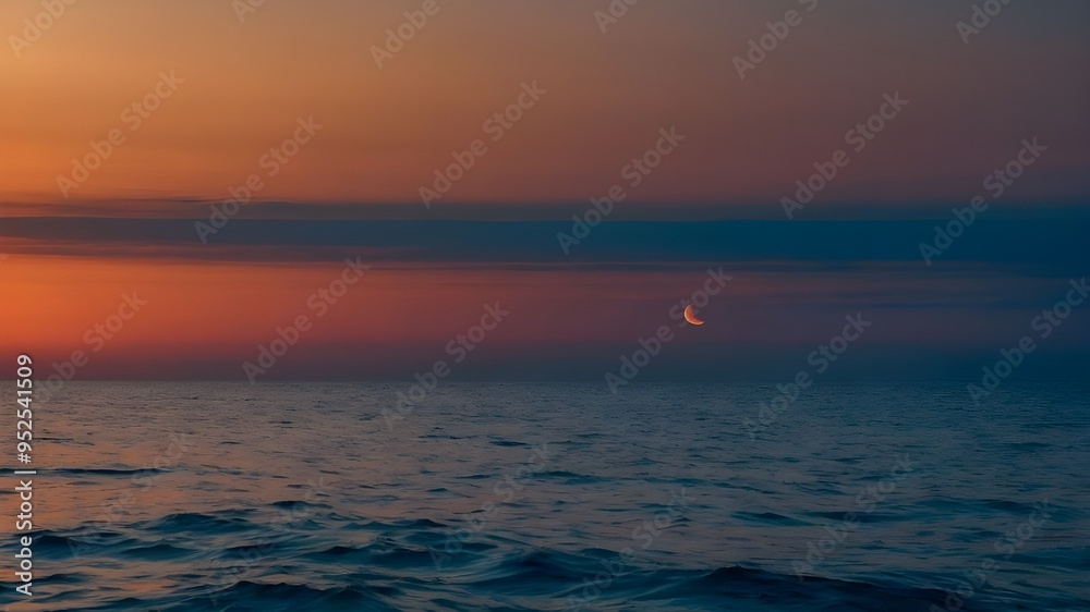 Abstract Sunset Sea Scene with Crescent Moon, Mesmerizing Background Abstract Sunset Sea Scene with Crescent Moon, Mesmerizing Background
