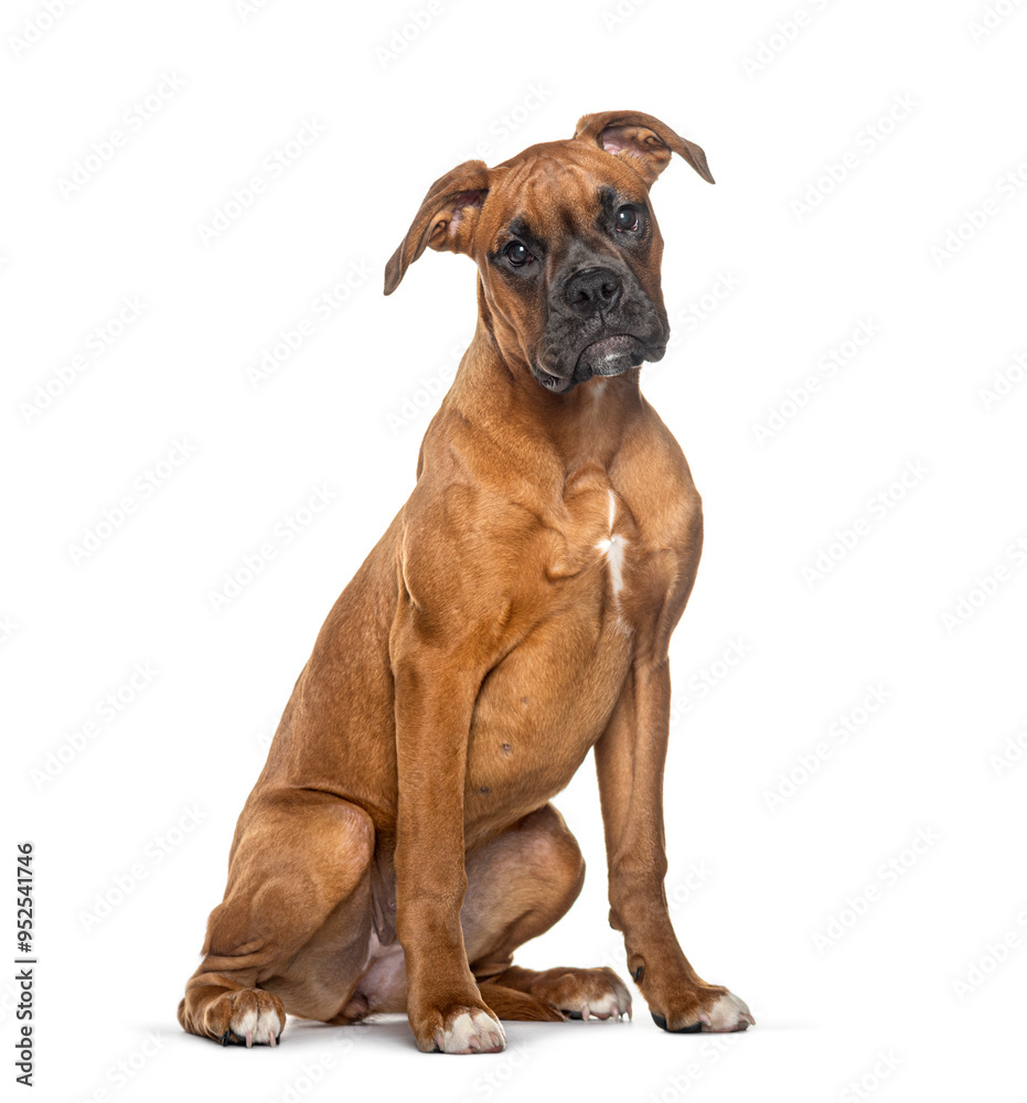 Portrait of a Boxer looking at the camera sitting, isolated on white Portrait of a Boxer looking at the camera sitting, isolated on white
