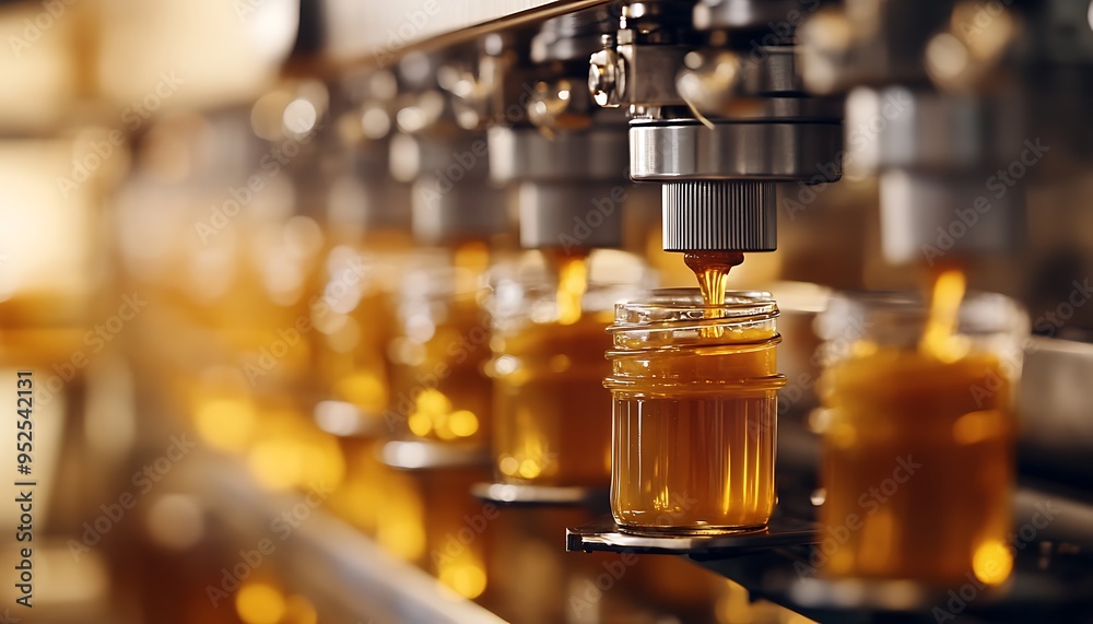 Filling Machine Dispensing Sauce into Jars on Food Processing Line with Sealing and Labeling Filling Machine Dispensing Sauce into Jars on Food Processing Line with Sealing and Labeling