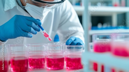 Scientist observing bacterial interactions with mammalian cells, microbiome study, cell interaction