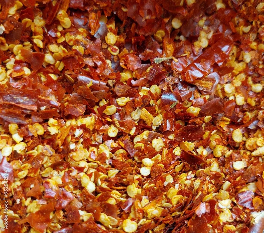 Closeup of crushed chili red pepper flakes and seed. Ingredients of types of Thai food. Closeup of crushed chili red pepper flakes and seed. Ingredients of types of Thai food.