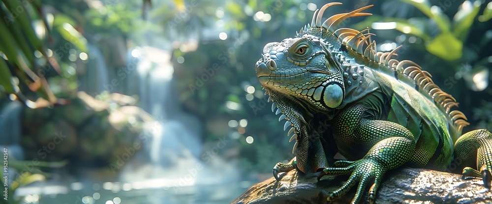 Fototapeta premium Green iguana lizard perched on a branch in a tropical jungle setting with a waterfall in the background.