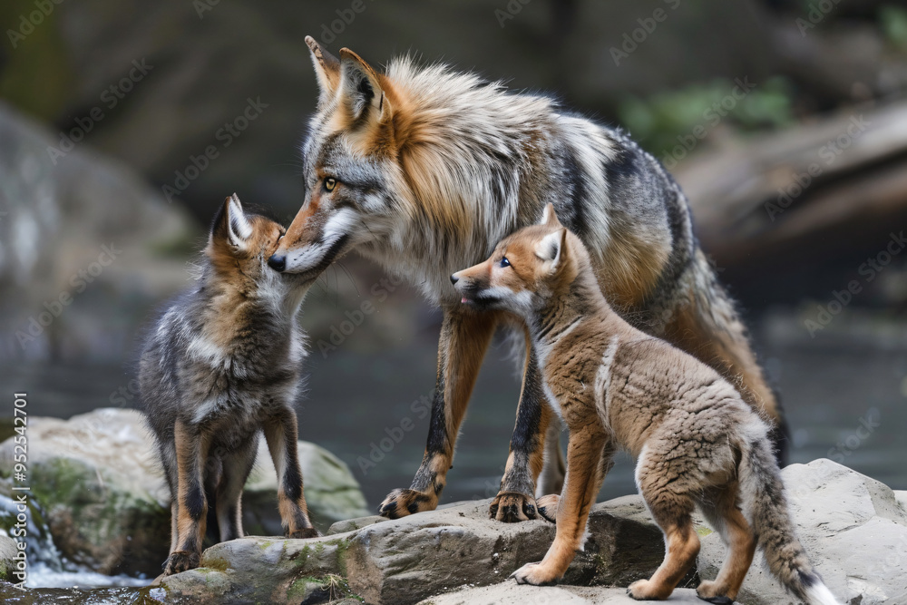 Fototapeta premium a mother wolf and her cubs are standing on a rock