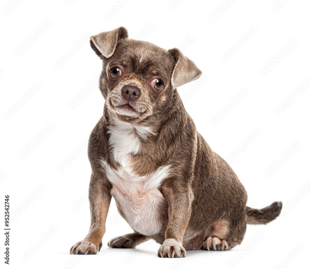 Chocolate crossbreed dog with a chihuahua sitting and looking curious on white background Chocolate crossbreed dog with a chihuahua sitting and looking curious on white background