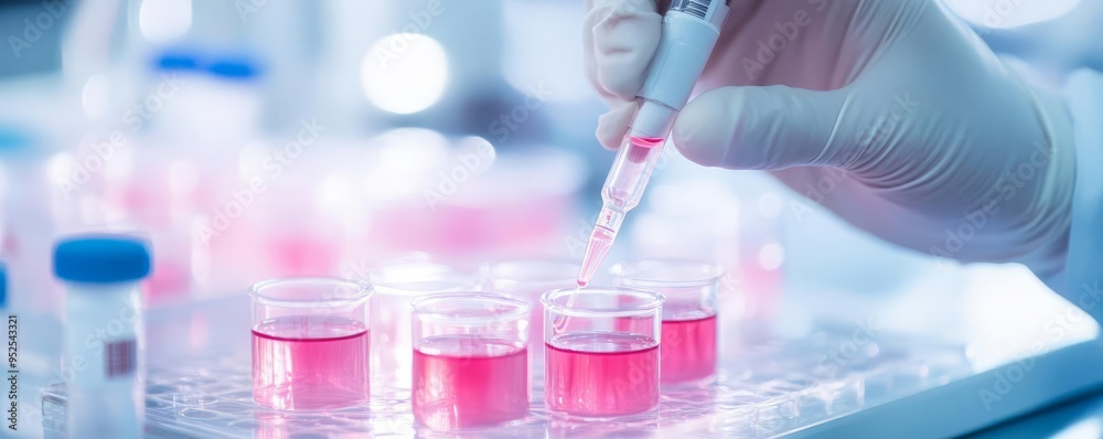Scientist culturing cells in gradient concentration media for response studies, environment manipulation, biological research Scientist culturing cells in gradient concentration media for response studies, environment manipulation, biological research