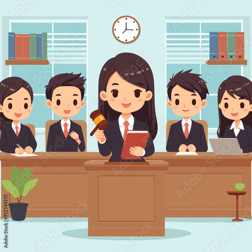 A group of people are sitting in a courtroom with a woman in a judge's robe. The woman is holding a gavel and smiling
