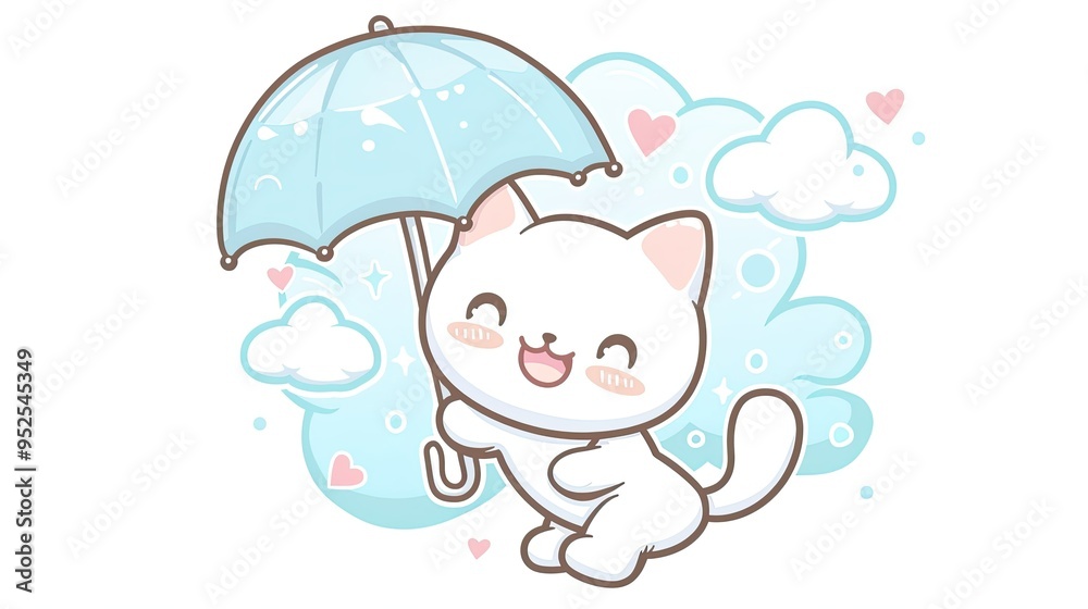 Vector drawing of a cute cat flying in the sky with an umbrella Vector drawing of a cute cat flying in the sky with an umbrella