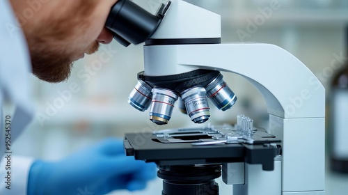 Researcher using a stereomicroscope to monitor cell colony formation, colony observation, microscopic detail