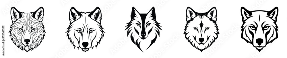 Set of wolf face line art.
