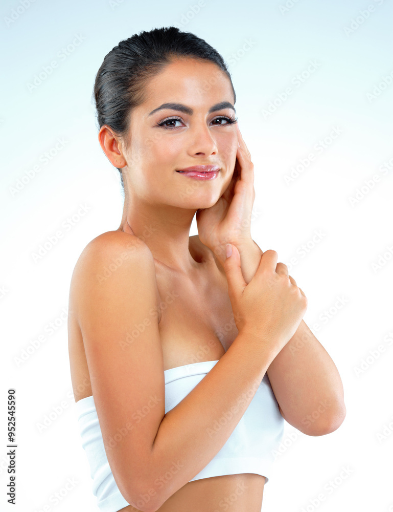 Woman, cosmetics and makeup with portrait in studio for wellness, glow or transformation by blue background. Girl, model and person with beauty, aesthetic or smile with results for skincare in Mexico Woman, cosmetics and makeup with portrait in studio for wellness, glow or transformation by blue background. Girl, model and person with beauty, aesthetic or smile with results for skincare in Mexico