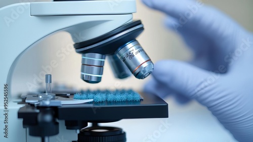 Researcher using a stereomicroscope to monitor cell colony formation, colony observation, microscopic detail photo