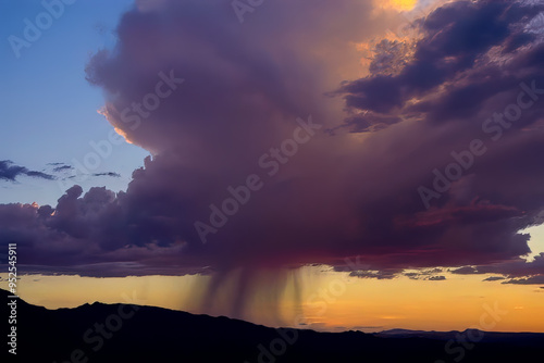 Huge summer monsoon mature thunderstorm at sunset over Prescott Arizona USA
