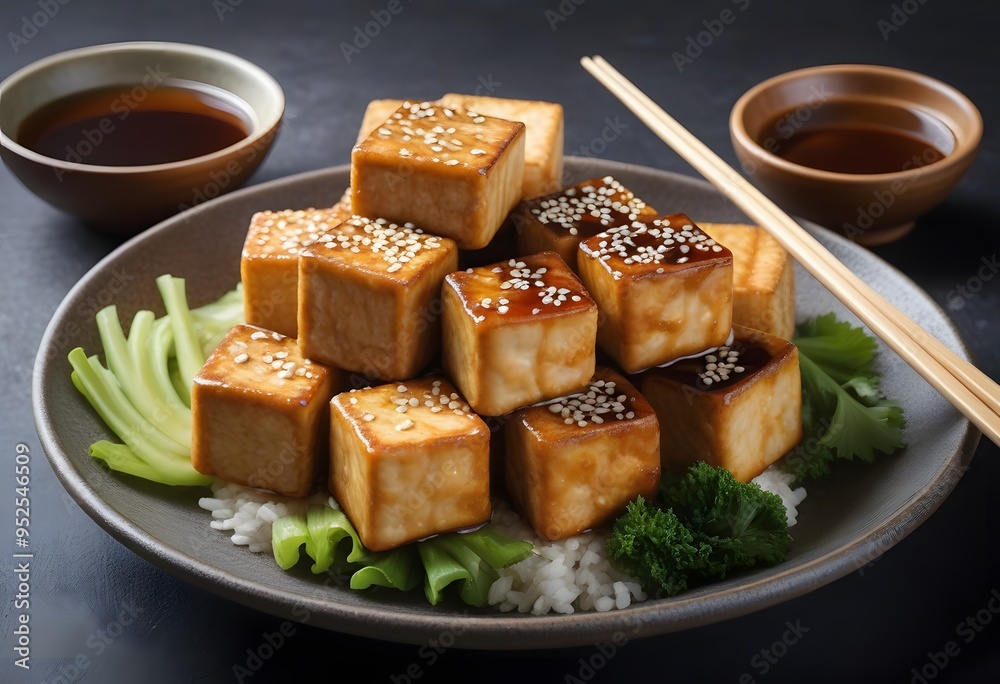Plate with delicious fried tofu, basil and sesame seeds on white table, closeup
Plate with delicious fried tofu, basil and sesame seeds on white table, closeup