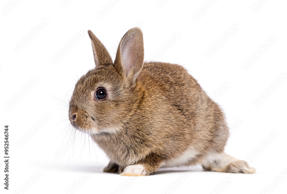 Cute eight week old brown baby European rabbit sitting and looking to the side Cute eight week old brown baby European rabbit sitting and looking to the side