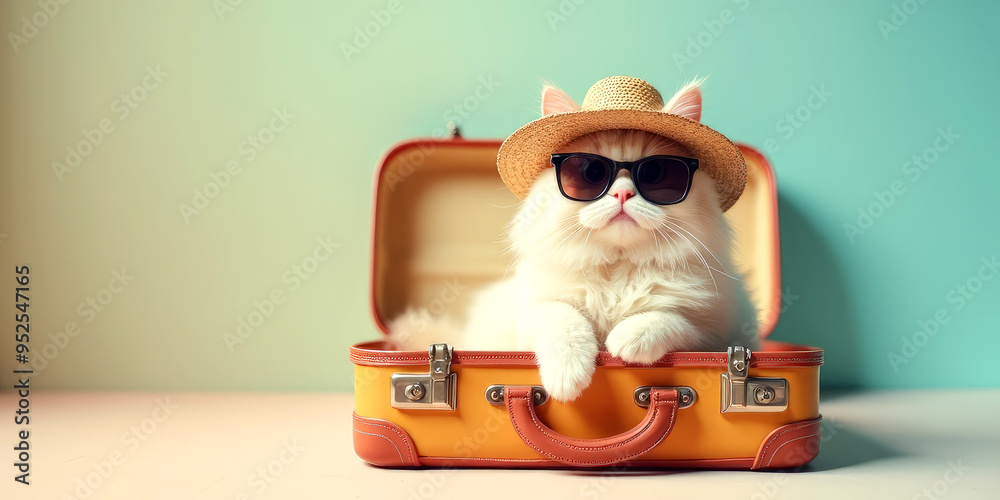Naklejka premium A Persian cat with glasses and a hat is sitting in a suitcase