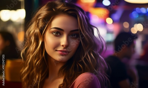 A young woman with wavy hair sits elegantly in a dimly lit café, with a soft, warm light highlighting her poised expression. The scene exudes sophistication and a relaxed atmosphere.