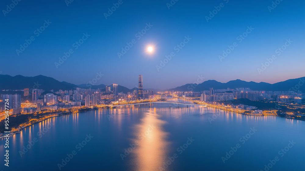 Obraz premium A drone photo of the brightly lit blue bridge across West Lake in Hangzhou at night, with city lights and skyscrapers on both sides. The moon is shining above it, creating an enchanting atmosphere.