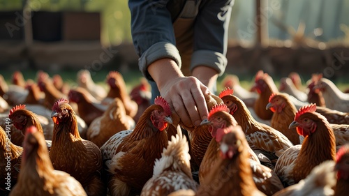 Farmer hand hold food for feeding chicken in farm. Farmer feed hens with grain.