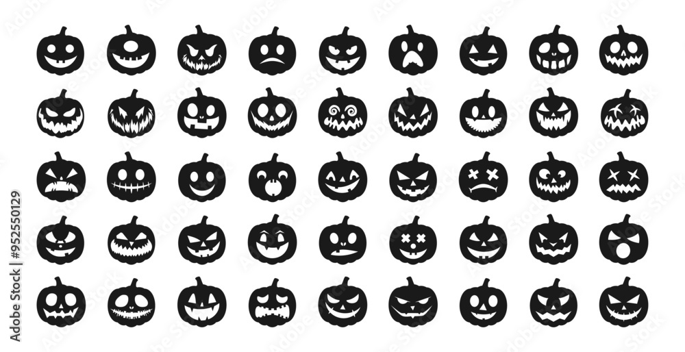 Black Halloween Pumpkin. Big Set pumpkin on white background. The main symbol of the Happy Halloween holiday. Black pumpkin with smile. Vector illustration. Black Halloween Pumpkin. Big Set pumpkin on white background. The main symbol of the Happy Halloween holiday. Black pumpkin with smile. Vector illustration.