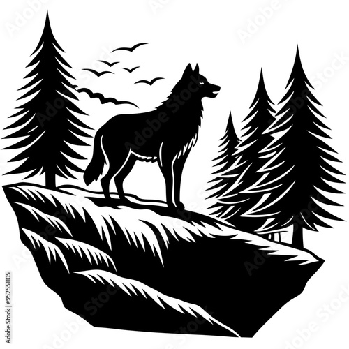 A wolf standing on a rocky outcrop vector illustration