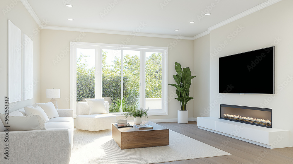 Create a realistic image of a typical American living room with light beige walls, dark hardwood flooring, modern furniture, and a cozy atmosphere. Create a realistic image of a typical American living room with light beige walls, dark hardwood flooring, modern furniture, and a cozy atmosphere.
