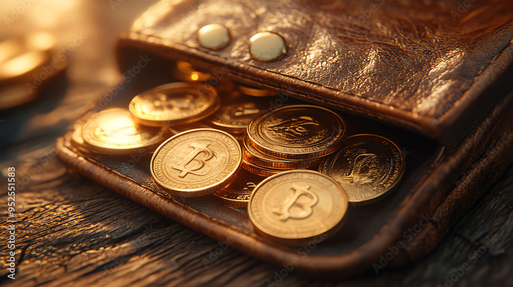 Pay day visual, golden coins spilling out of a wallet, wealth and prosperity, 3D illustration Pay day visual, golden coins spilling out of a wallet, wealth and prosperity, 3D illustration