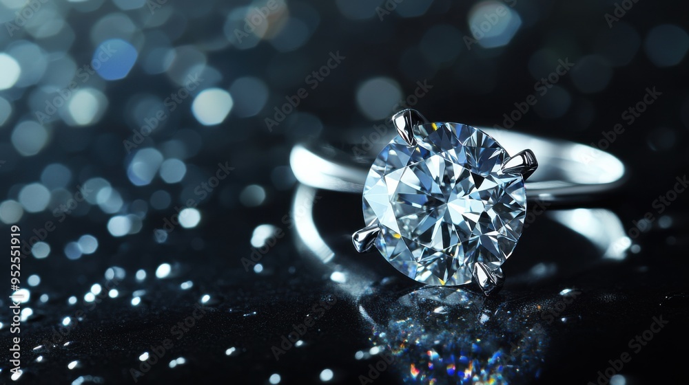 Diamond Ring Sparkle: A dazzling solitaire diamond ring, elegantly displayed on a dark reflective surface, captures the brilliance and allure of fine jewelry. Diamond Ring Sparkle: A dazzling solitaire diamond ring, elegantly displayed on a dark reflective surface, captures the brilliance and allure of fine jewelry.