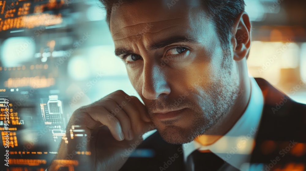 A handsome businessman contemplating AI technology, with digital data and glowing lights in the dark background. A handsome businessman contemplating AI technology, with digital data and glowing lights in the dark background.