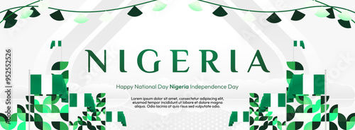 Nigeria National Day banner in modern geometric style. Elegant wide background with Nigeria national flag, great for greeting card celebrate holiday. 1st October. Happy Nigeria Independence Day