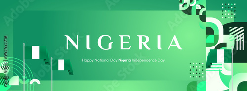 Nigeria National Day banner in modern geometric style. Elegant wide background with Nigeria national flag, great for greeting card celebrate holiday. 1st October. Happy Nigeria Independence Day