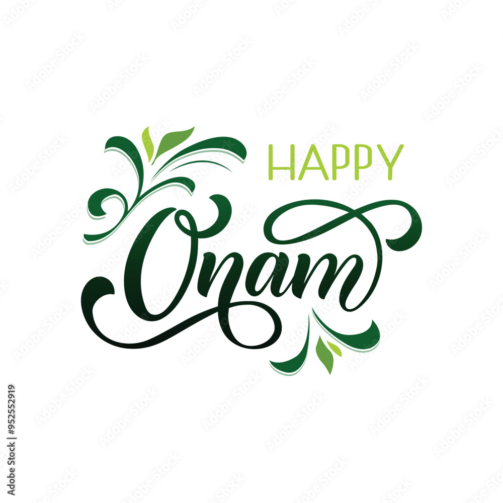 Fototapeta premium Happy Onam handwritten text. Hand lettering, modern brush ink calligraphy on colorful abstract background. Indian festival. Vector holiday illustration. Typography design for card, poster, banner