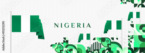 Nigeria National Day banner in modern geometric style. Elegant wide background with Nigeria national flag, great for greeting card celebrate holiday. 1st October. Happy Nigeria Independence Day