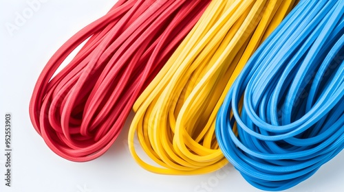 Resistance Bands in Vibrant Colors Meticulously Arranged on a White Studio Backdrop