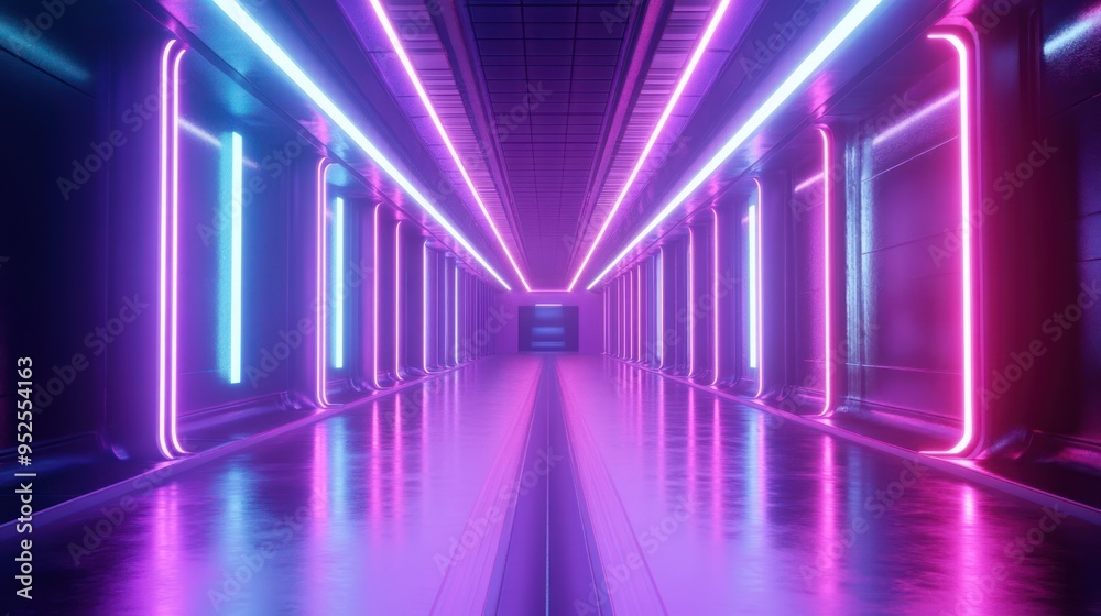 Futuristic Neon-Lit Corridor with Reflective Floor