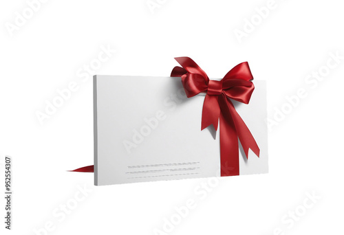 Blank white gift voucher with red ribbon bow or empty gift signboard isolated on transparent background