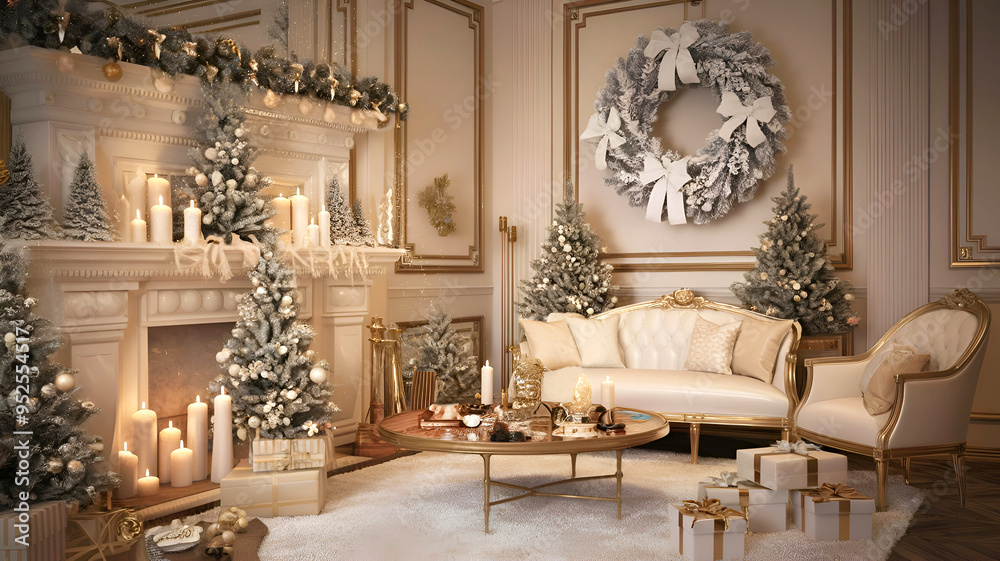 stunning stylish living room with fireplace decorated on New year and Christmas tree and wreath in white colors. Ai generated stunning stylish living room with fireplace decorated on New year and Christmas tree and wreath in white colors. Ai generated