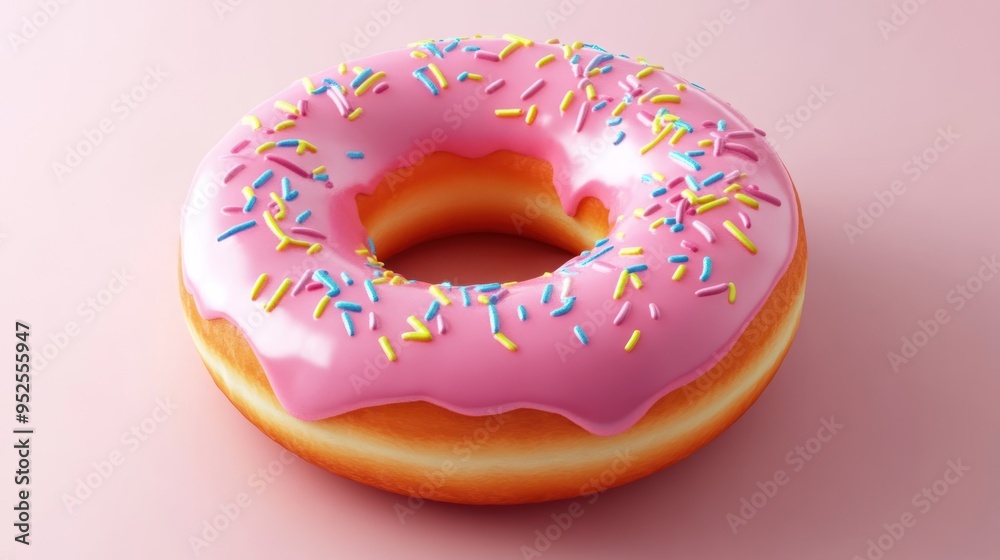 A Pink Glazed Donut with Sprinkles on a Pink Background A Pink Glazed Donut with Sprinkles on a Pink Background