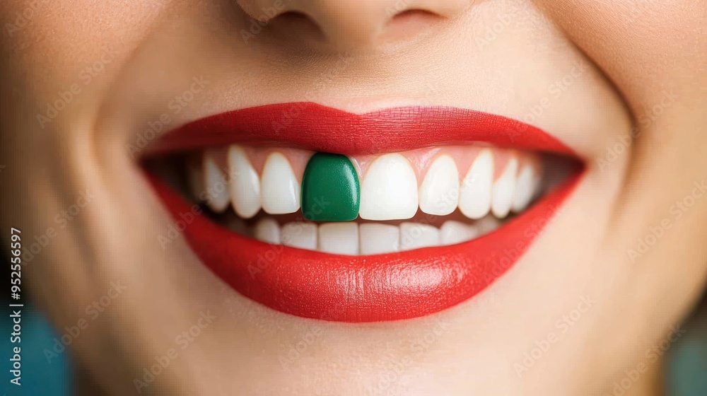 Smiling Woman with Green and White Tooth Smiling Woman with Green and White Tooth