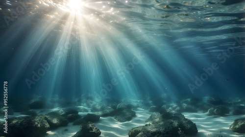 An underwater shot with sunlight filtering down through the waves, illuminating the deep blue sea and casting beams of light that dance on the ocean floor