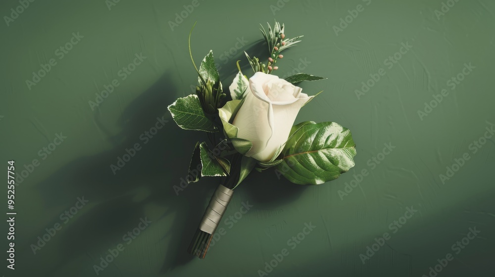 Fototapeta premium A stylish boutonniere featuring a white rose and greenery