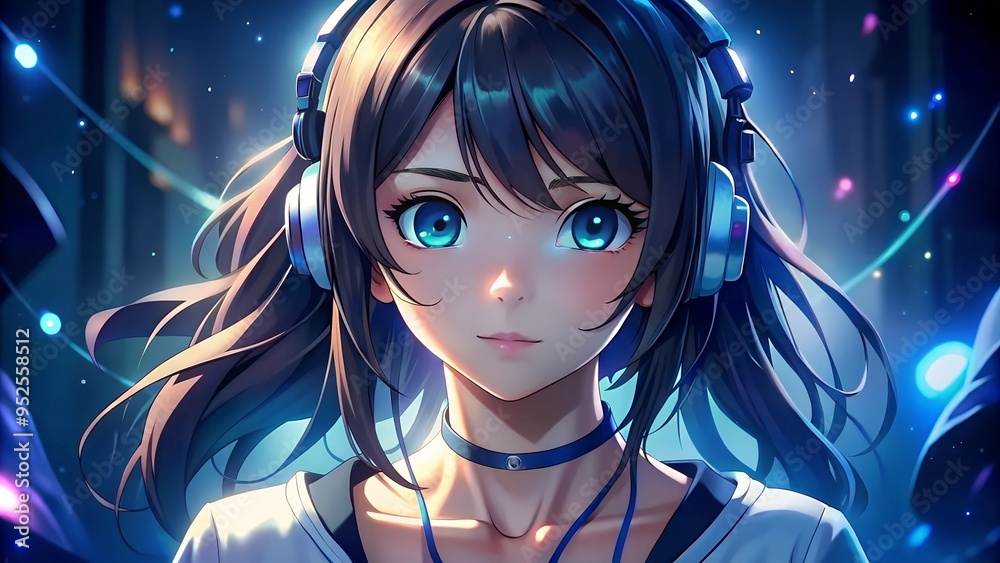 Stunning anime girl with vivid blue eyes and dark hair highlighted with soft blue tones, wearing headphones. Perfect for digital art, anime music themes, and character designs. Stunning anime girl with vivid blue eyes and dark hair highlighted with soft blue tones, wearing headphones. Perfect for digital art, anime music themes, and character designs.