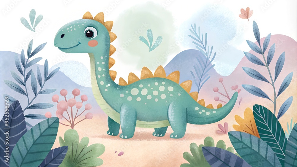 A whimsical cartoon dinosaur in a lush environment, surrounded by vibrant plants and soft hills. The playful design is perfect for children's books, room decor, or educational materials, emphasizing A whimsical cartoon dinosaur in a lush environment, surrounded by vibrant plants and soft hills. The playful design is perfect for children's books, room decor, or educational materials, emphasizing