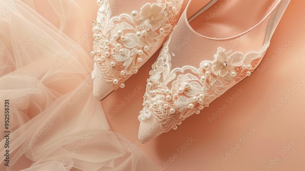 A pair of elegant bridal shoes with intricate lace and pearl detailing A pair of elegant bridal shoes with intricate lace and pearl detailing