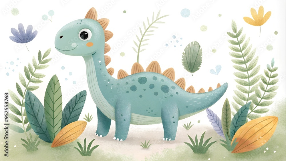 Fototapeta premium A sweet cartoon dinosaur in pastel surroundings with soft foliage and gentle tones. Ideal for nursery decor, children's posters, or storybooks, this design brings a calming, playful vibe to any settin