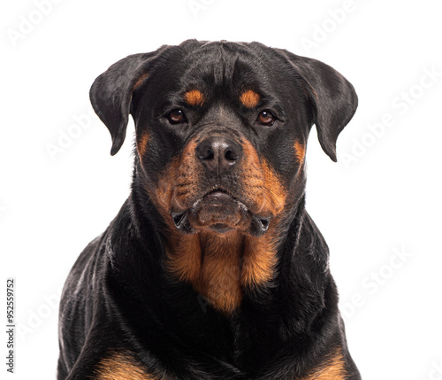 Portrait of adult rottweiler dog looking at camera