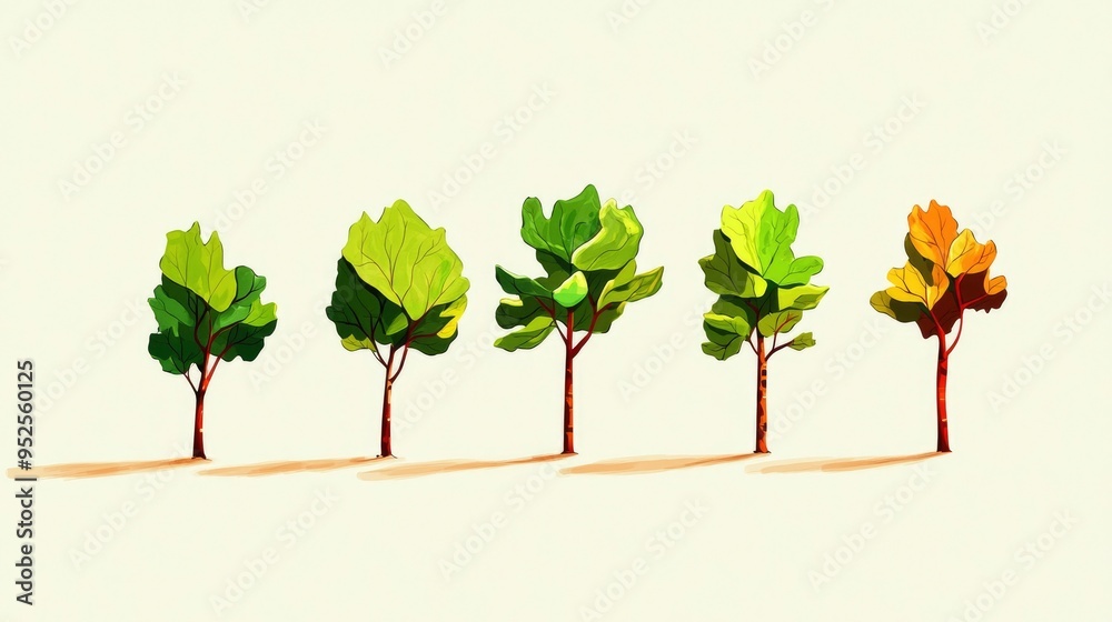 Fototapeta premium Five Trees in a Row Showing Stages of Autumn Color Change