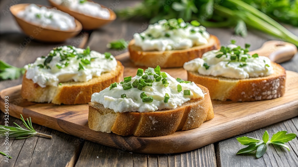 A wooden board of homemade crostini topped with soft cream cheese and chopped green herbs, creating a fresh and savory appetizer perfect for gatherings. A wooden board of homemade crostini topped with soft cream cheese and chopped green herbs, creating a fresh and savory appetizer perfect for gatherings.