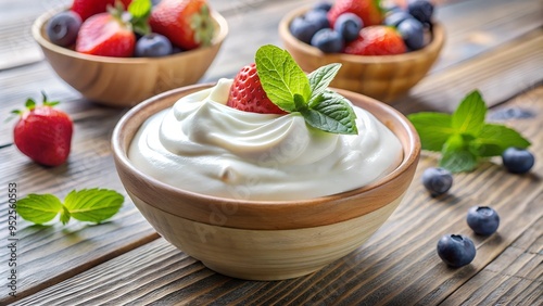 A bowl of creamy Greek yogurt topped with a fresh strawberry and mint leaves, surrounded by bowls of mixed berries, creating a wholesome and refreshing breakfast option.