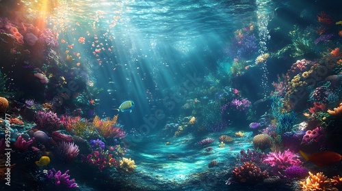 Colorful underwater world filled with mermaids coral gardens and sunlight filtering through the water Vivid fantastical with vibrant colors fluid shapes realistic 3D marine life